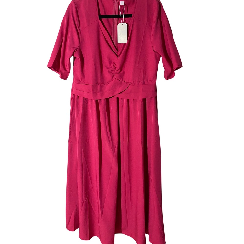 Magenta Pink Dress Large V Neck Midi Dress Short Sleeve Recycled Fabric A-Line